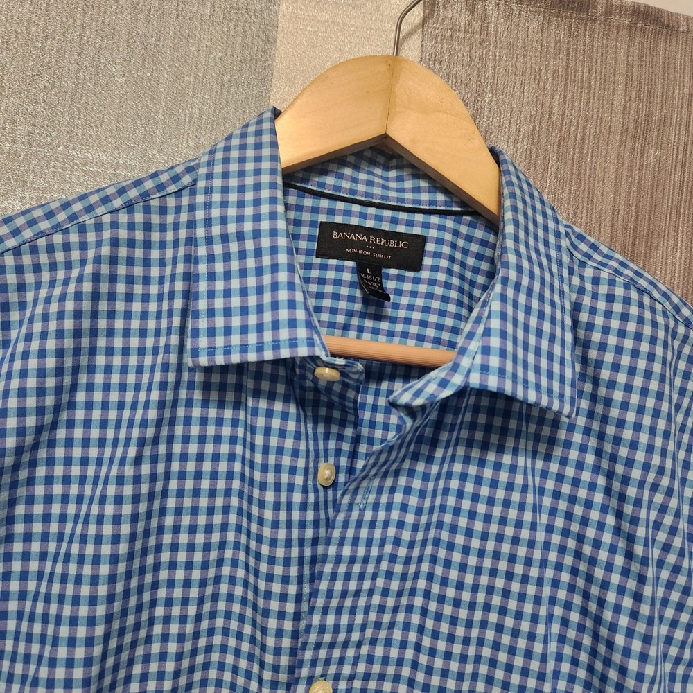 Banana Republic Mens Blue Gingham Non-Iron Slim Fit Button Down Shirt L 16-16.5